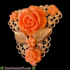 Rare Early Coro 1930s Art Deco Dress Clip Signed R Faux Coral Celluloid Rose Bra